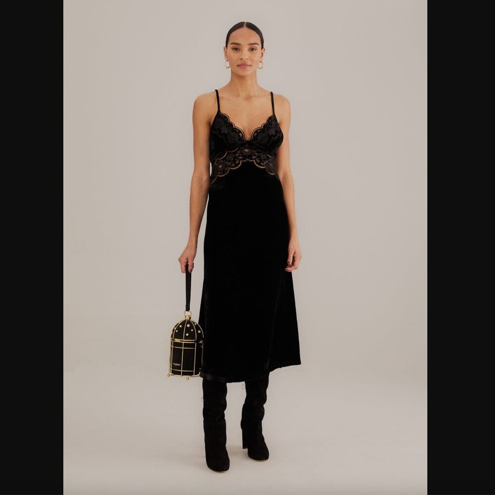 NWT FARM Rio Richelieu Black Velvet Midi Slip Dress